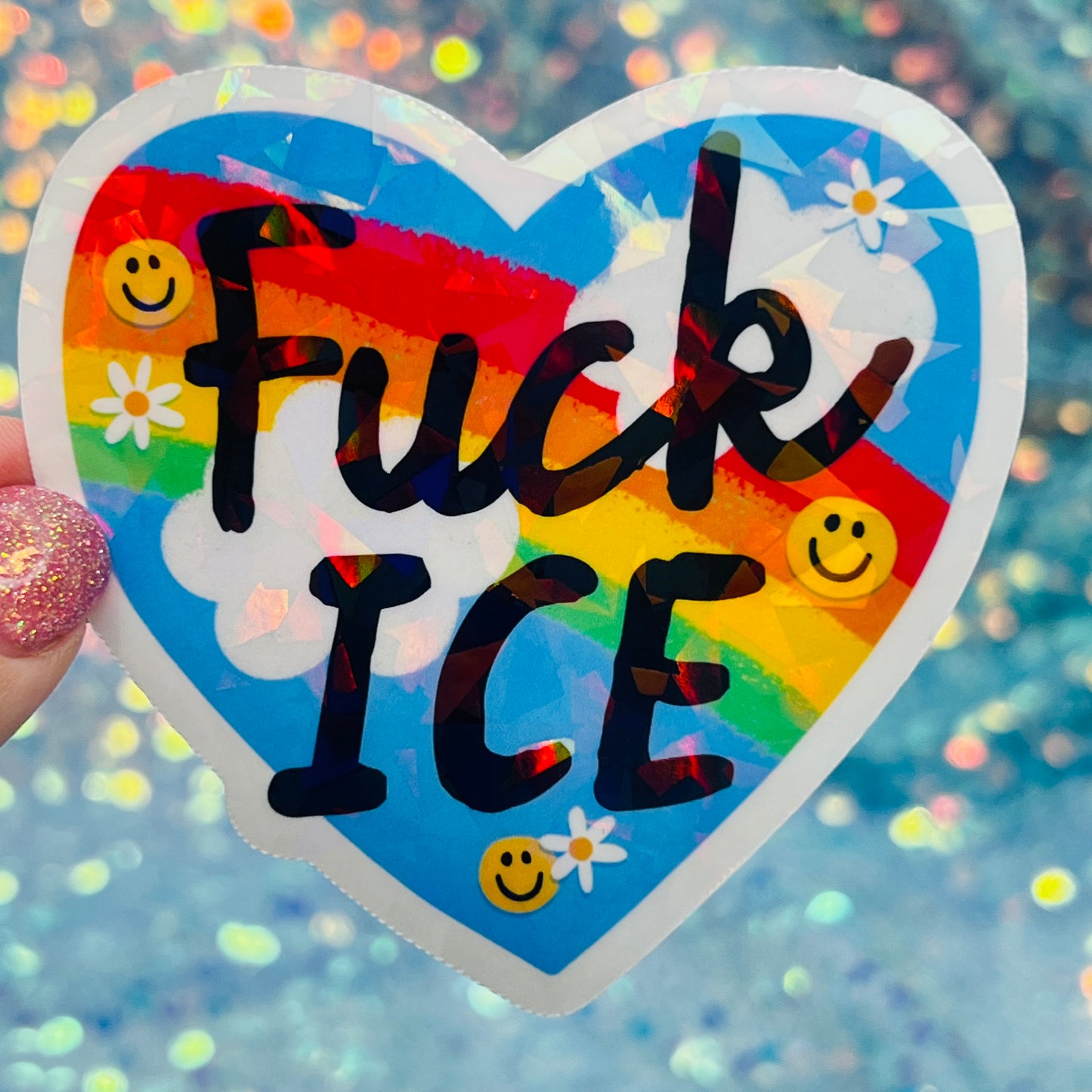 Fuck ICE Rainbow Heart Holographic Activist Sticker