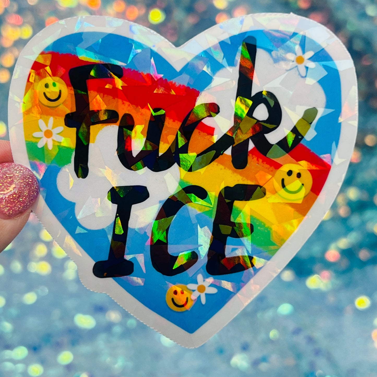 Fuck ICE Rainbow Heart Holographic Activist Sticker