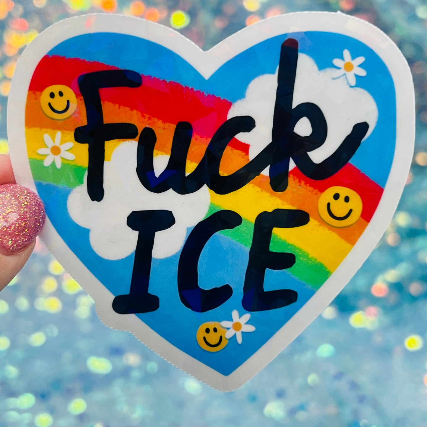 Fuck ICE Rainbow Heart Holographic Activist Sticker