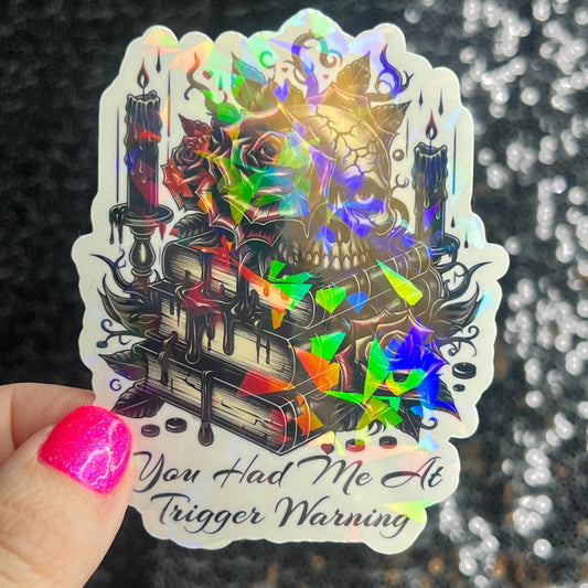 New You Had Me At Trigger Warning Sticker Holographic Book Book Lover, Spicy Dark Romance, Booktok, kindle waterbottle laptop Romance Decal