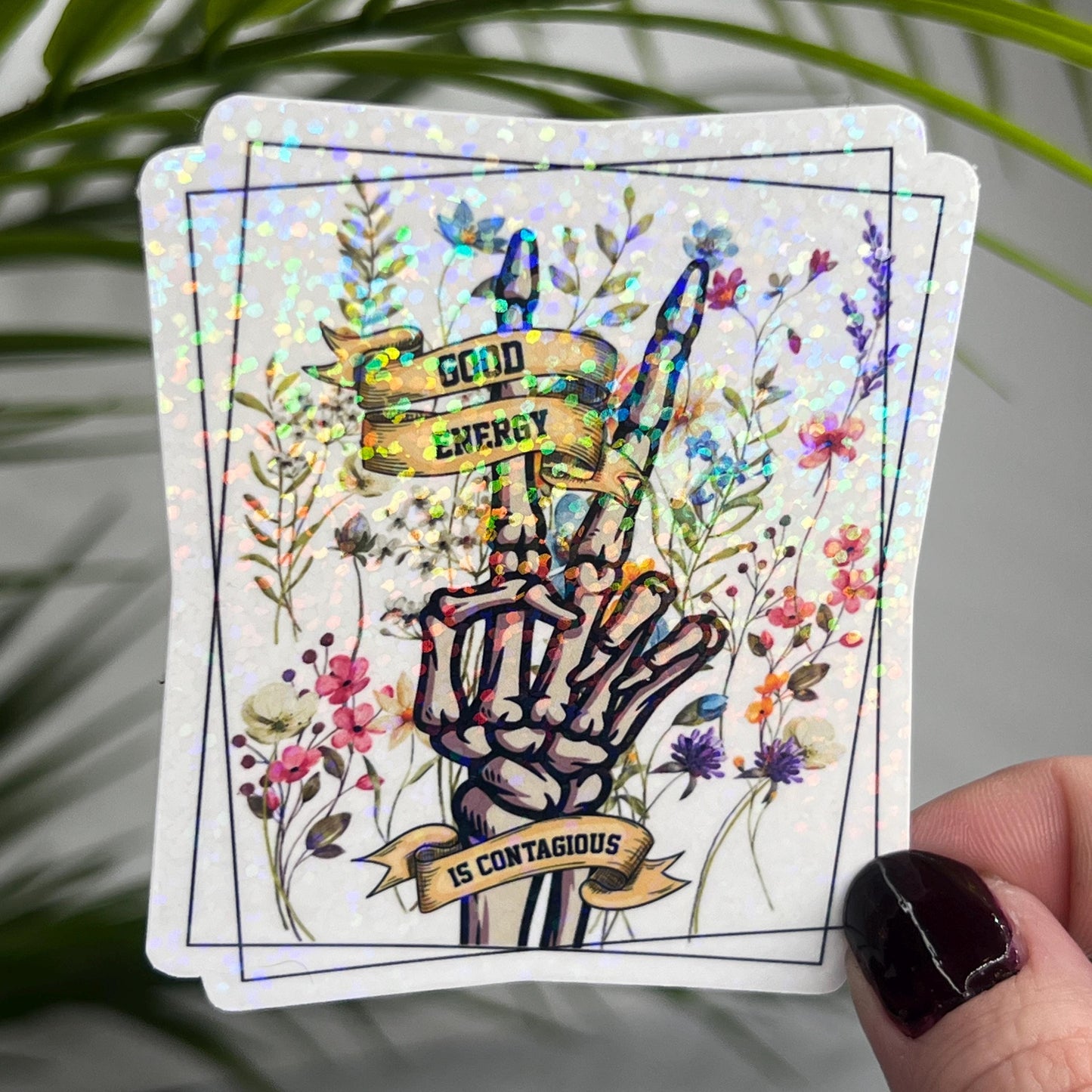 Good Energy is Contagious Holographic Sticker 3 Inch Self-Love Affirmation with Makeup Compact Design for Mental Health Awareness