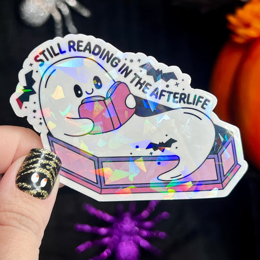 Still Reading In the Afterlife Ghost Coffin Holographic Sticker Halloween Kindle Decal Spooky Season Reader Gift Book Club