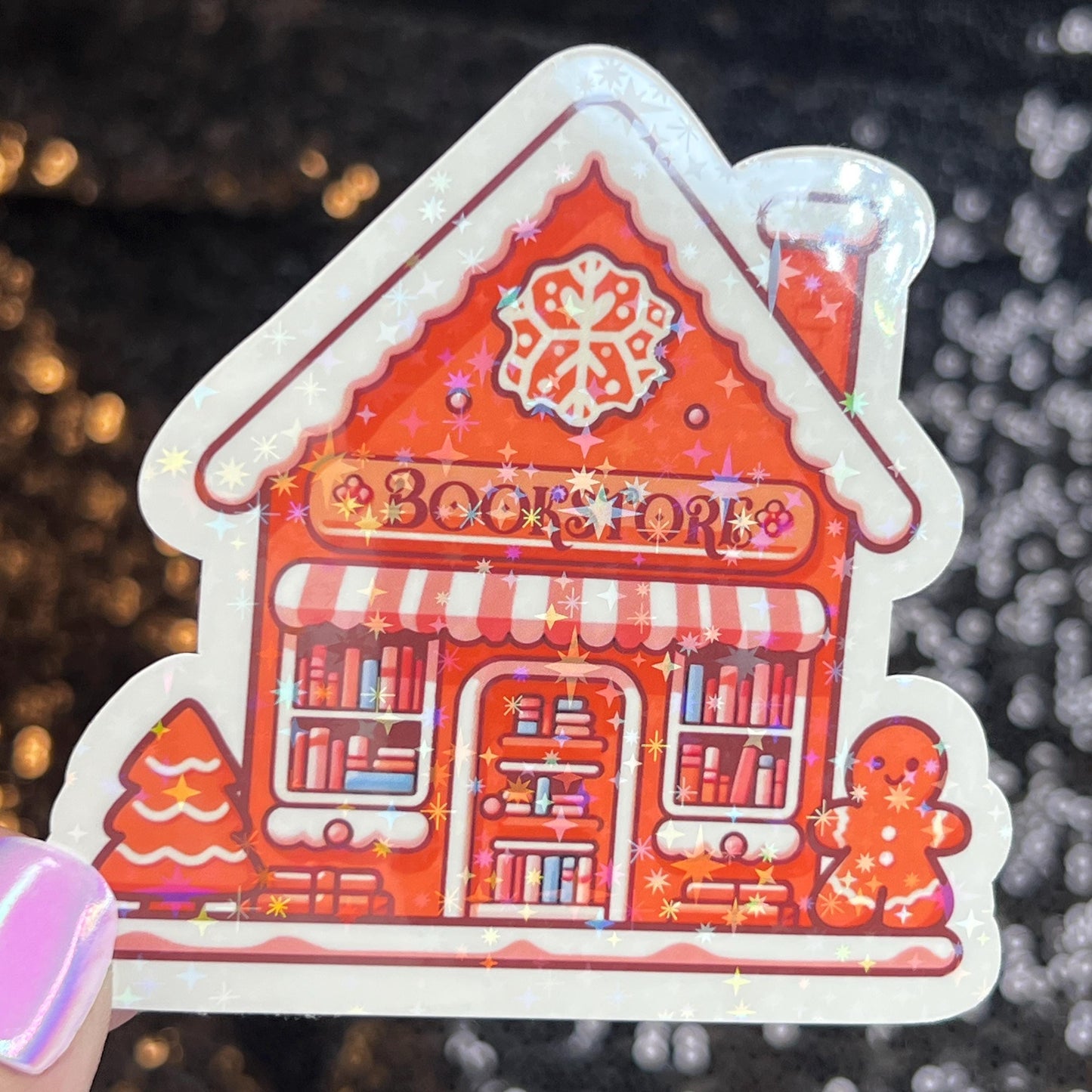 Gingerbread Bookshop Christmas Holographic Sticker Xmas Bookish Kindle Reader Decal Book Lover Christmas Gift Stocking Stuffer