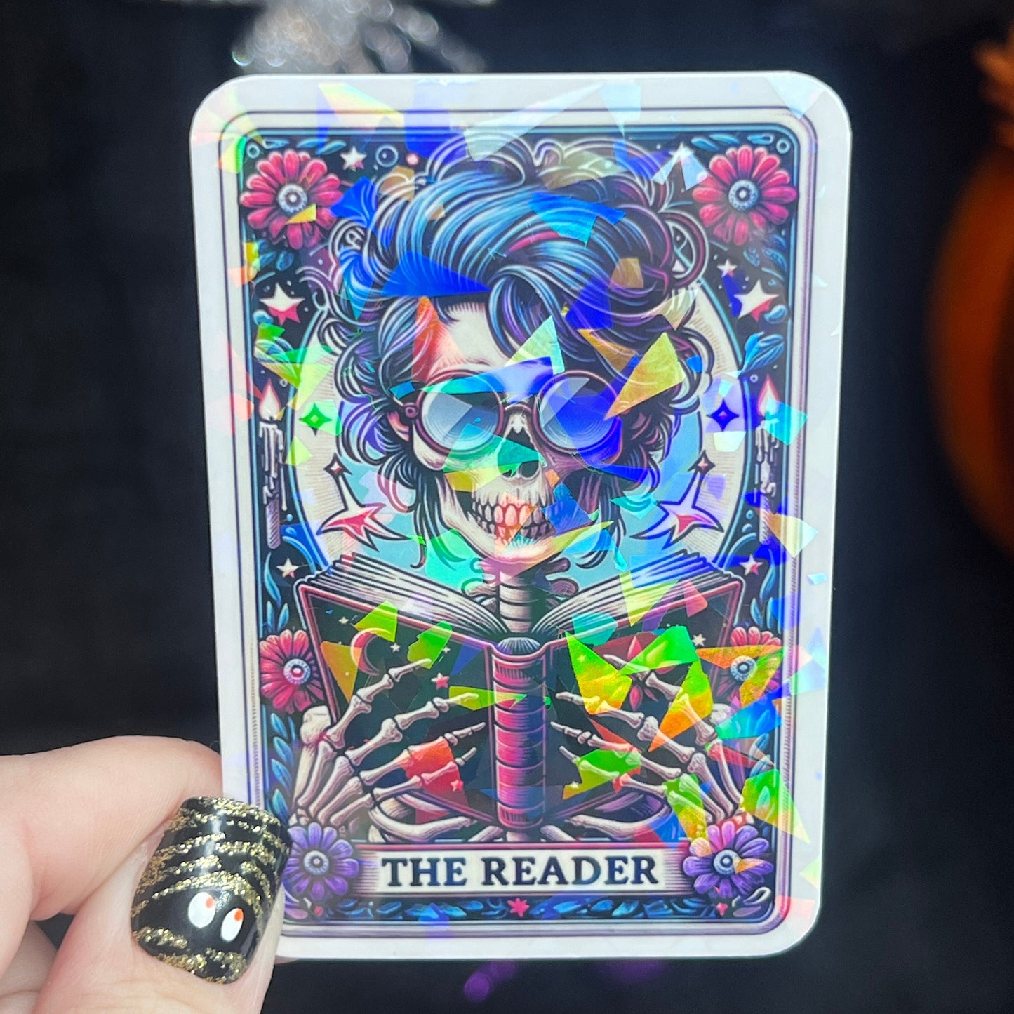 The Reader Tarot Card Sticker Holographic Book Lover Sparkly Decal, Spicy Dark Romance, kindle waterbottle laptop