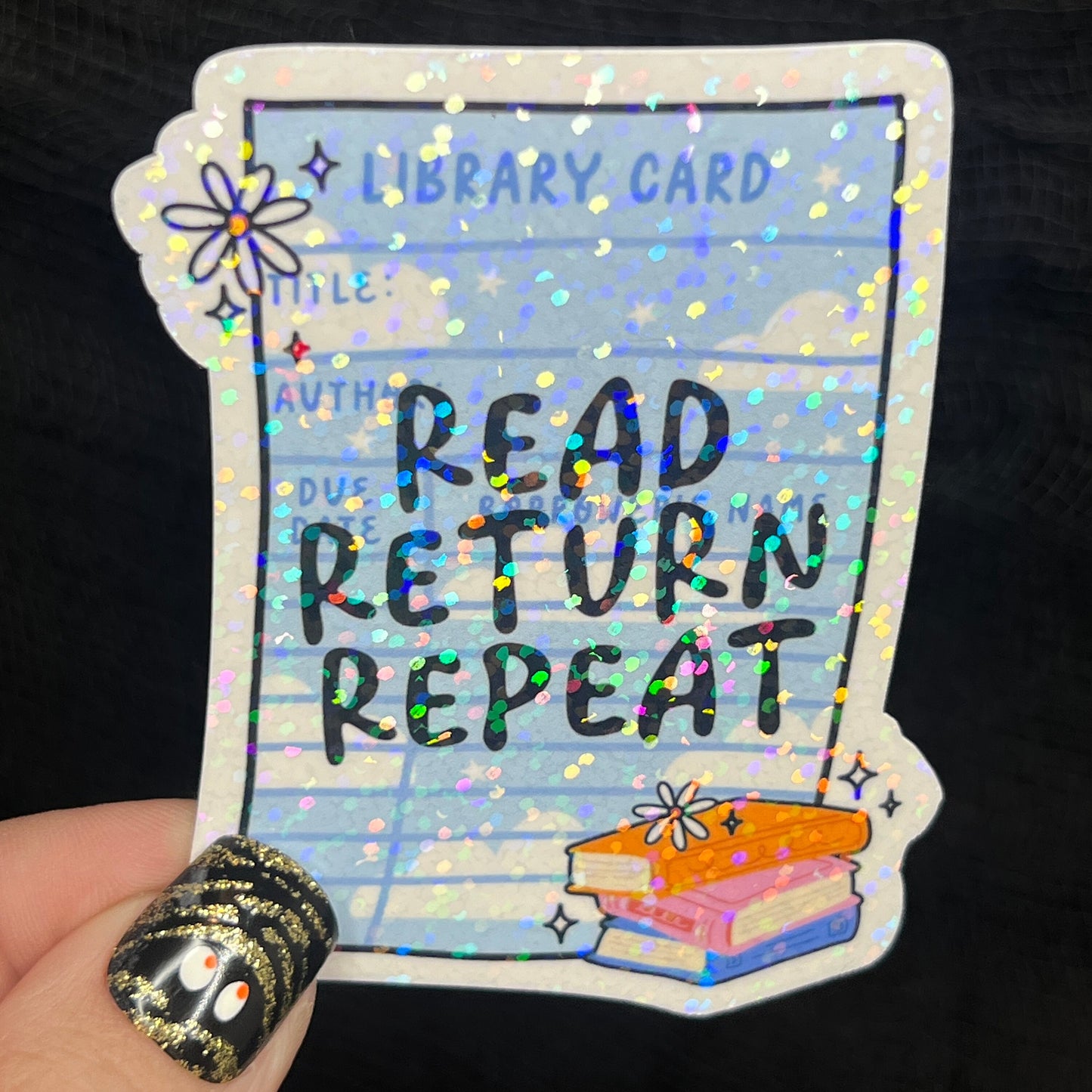 Library Card Read Return Repeat Sparkly Holographic Sticker Decal, Librarian Gift kindle waterbottle laptop Reader Bookish Present Gift