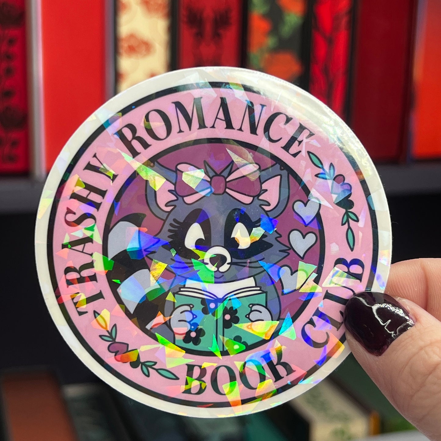 Trashy Romance Book Club Raccoon Holographic Sticker, Spicy Dark Romance, Booktok, kindle laptop stickers Smut decal Funny Reader Bookish