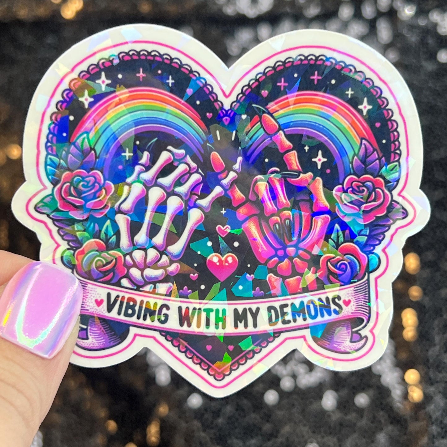 Vibing with my demons colorful Holographic Sticker Mental Health Sticker Sparkly Spread Positivity Good Vibes Decal Inspirational Rainbow