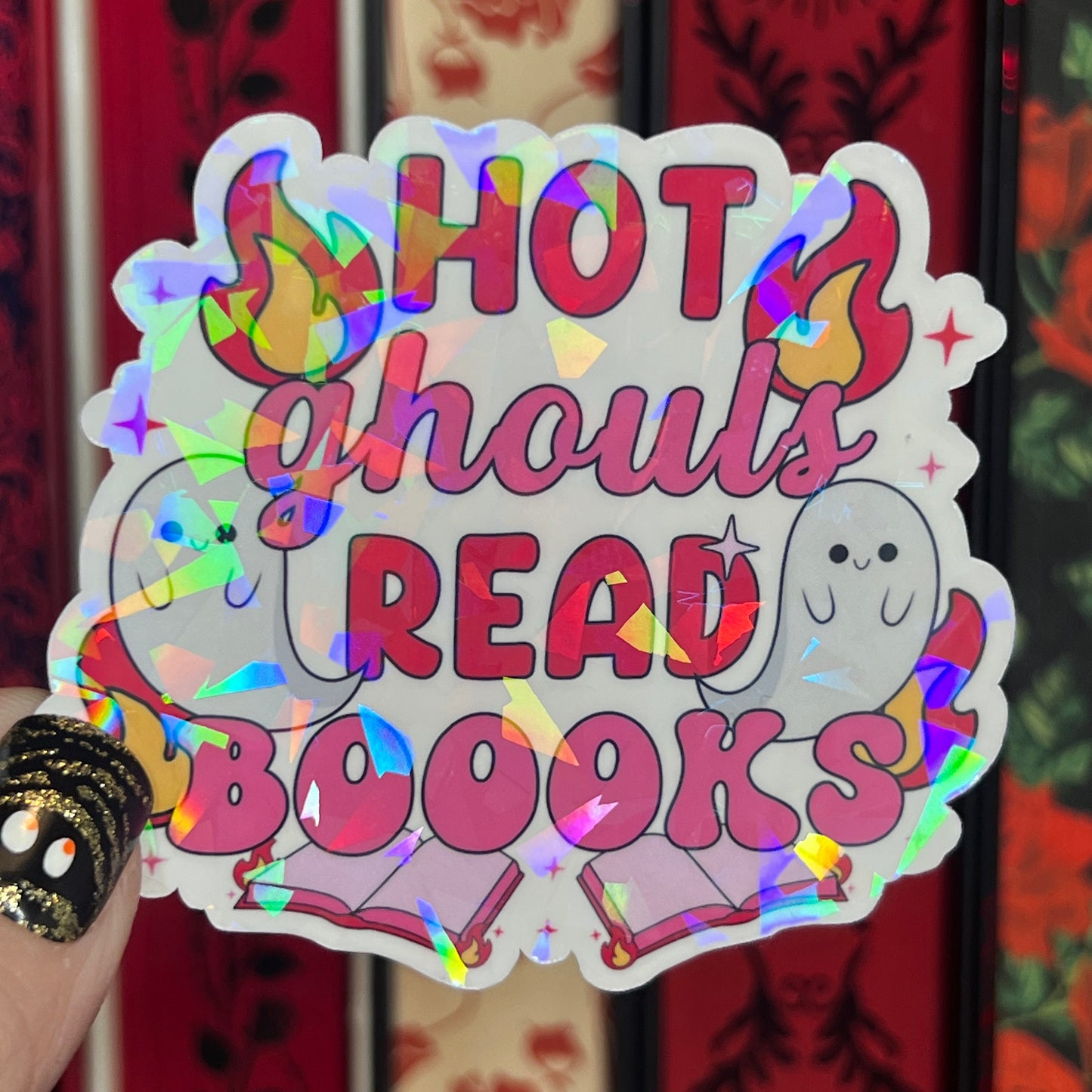Hot Ghouls Read Books Spooky Pink Halloween Holographic Sticker Sparkly Decal, Spicy Dark Romance kindle waterbottle laptop Bookish Present