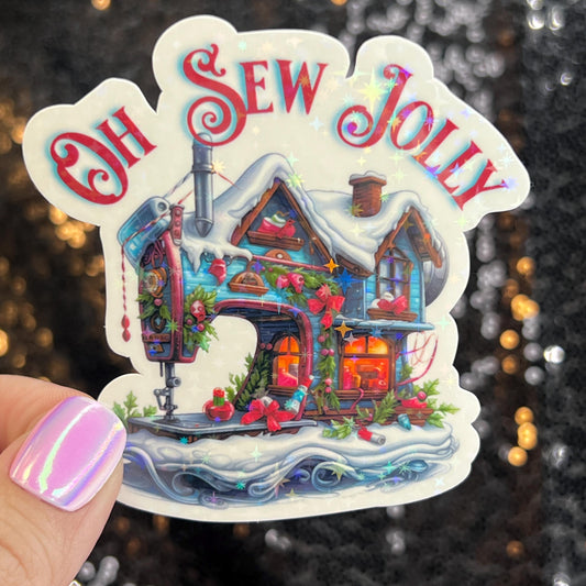 Oh Sew Jolly Sewing Machine Sparkly Holographic Quilting Sticker sewing Waterbottle sticker Craft Sticker Fabric Decal Cross Stitch Sticker