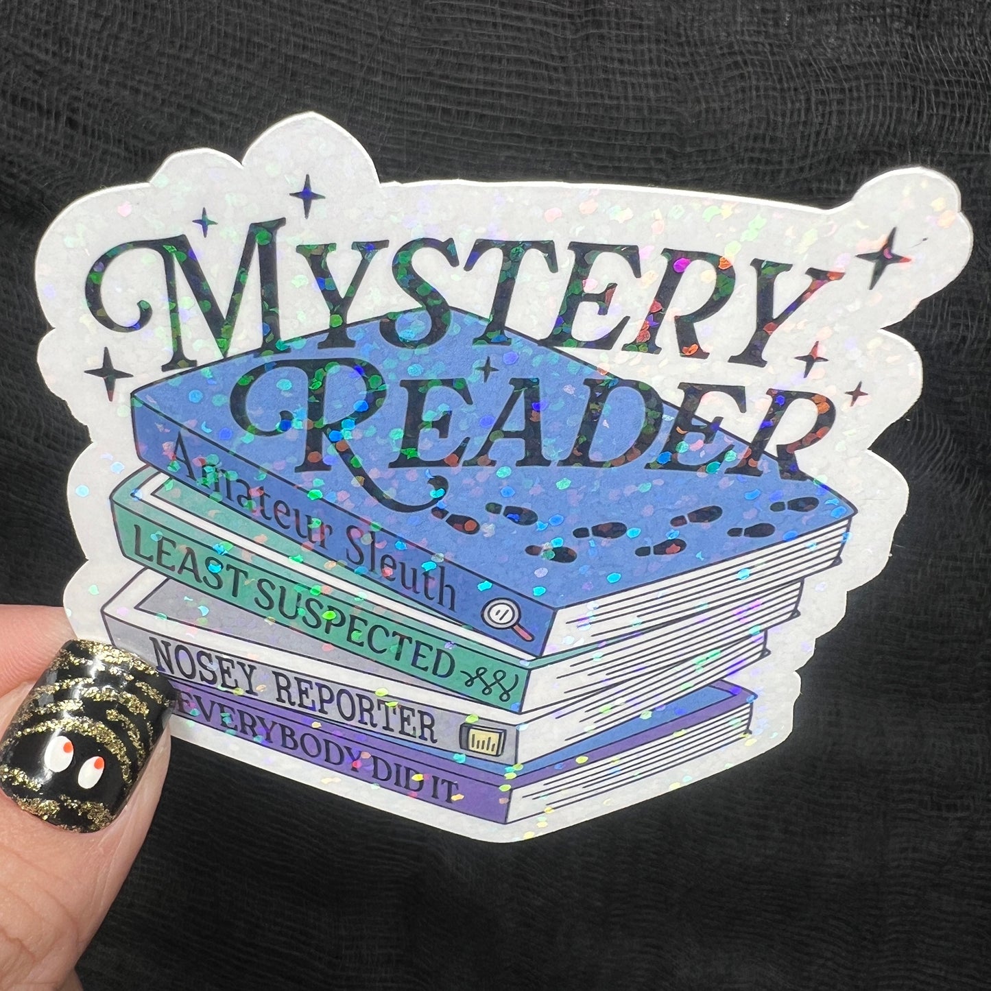 Mystery Reader Book Club Holographic Sticker Decal, Cozy Mystery Reads Bookish kindle waterbottle laptop Reader Bookish Present Gift