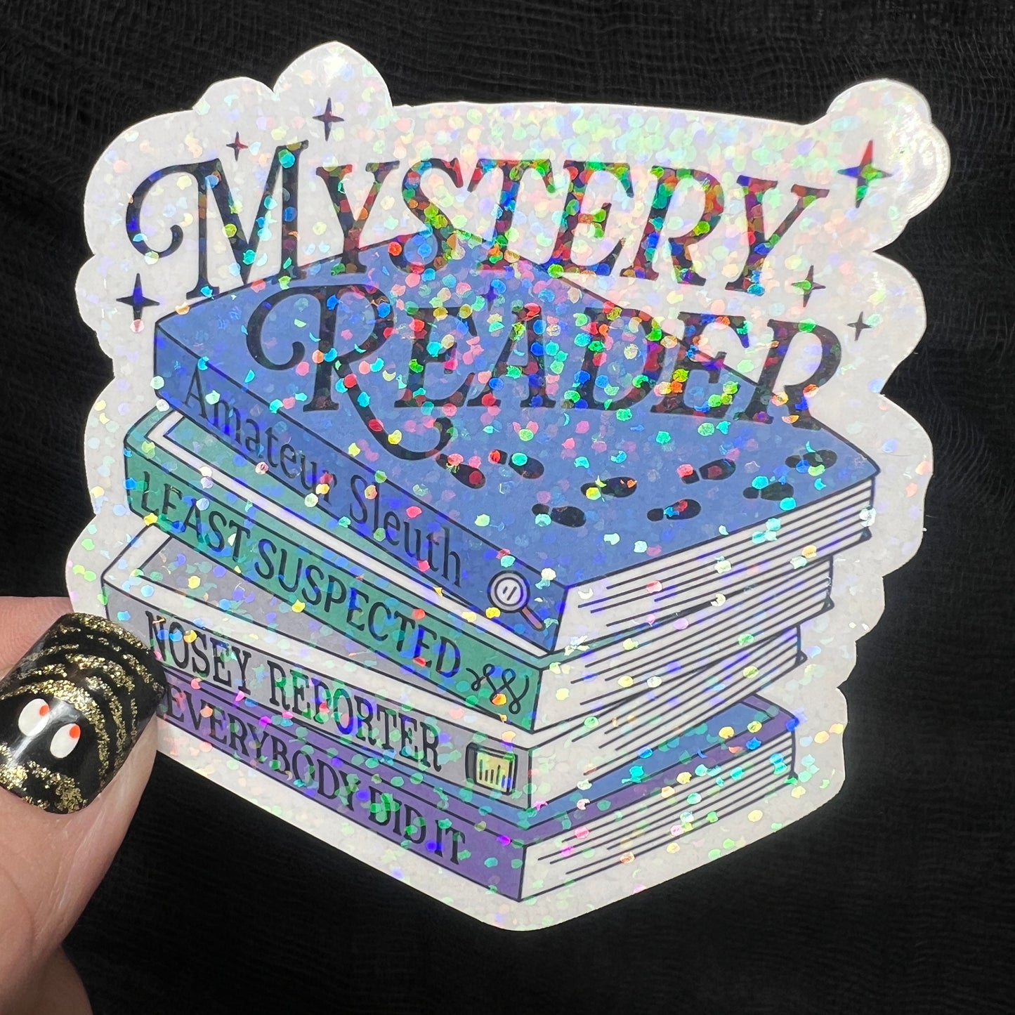 Mystery Reader Book Club Holographic Sticker Decal, Cozy Mystery Reads Bookish kindle waterbottle laptop Reader Bookish Present Gift