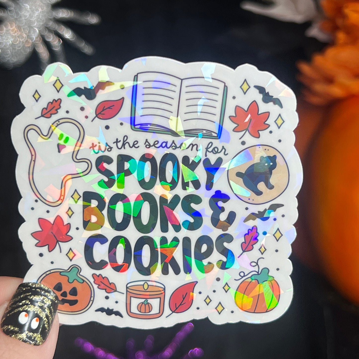Tis the Season of Spooky Books & Cookies Halloween Holographic Sticker Halloween Kindle Decal Spooky Fall Reader Gift Bookish Decal