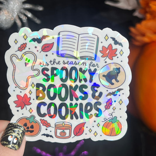 Tis the Season of Spooky Books & Cookies Halloween Holographic Sticker Halloween Kindle Decal Spooky Fall Reader Gift Bookish Decal