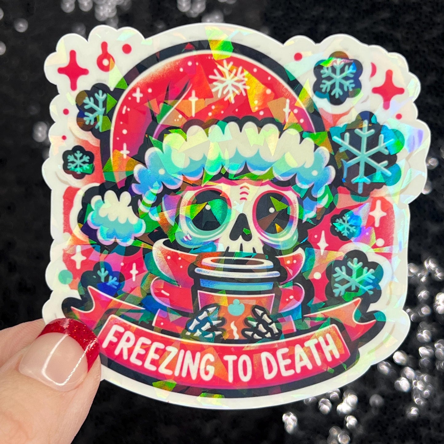 Freezing to Death Halloween Christmas  Sticker – Funny Holographic Holiday Sticker, 3-Inch Party Decal | Xmas Gift & Stocking Stuffer