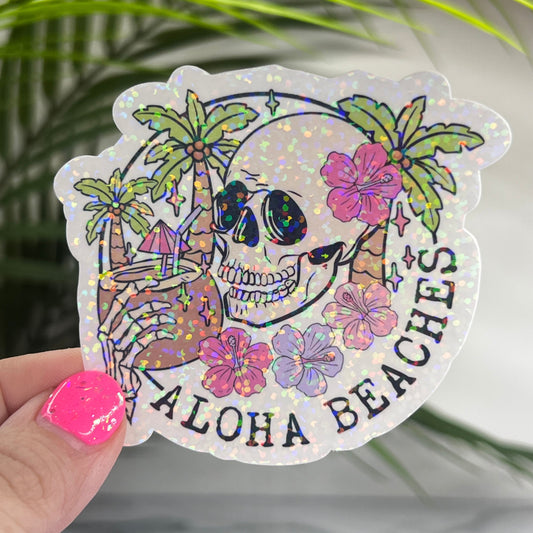 Aloha Beaches Skeleton Summer Holographic Sparkly Sticker Beach Life Decal Boating Sticker Summer Vacation Ocean Life Sticker