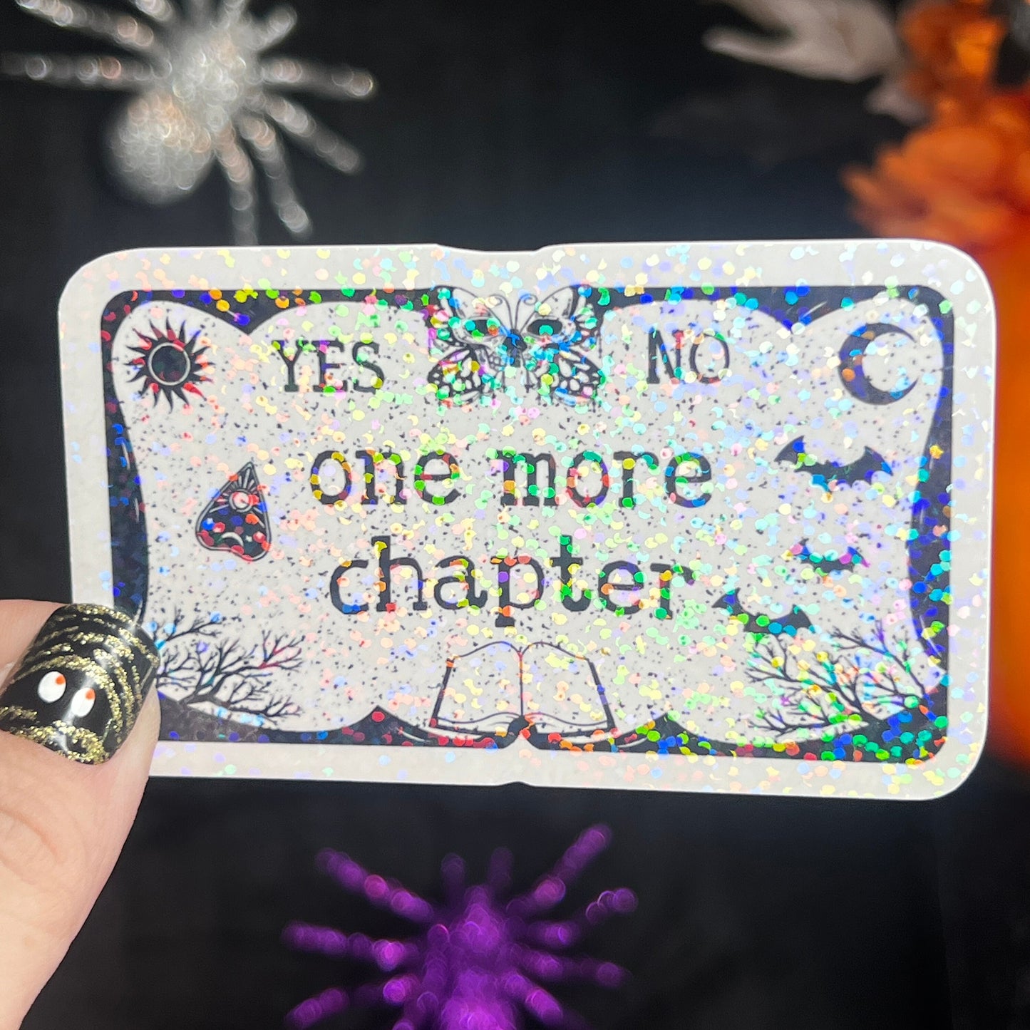 Just One More Chapter Ouija Board Holographic Sticker, Halloween Booktok stickers, kindle stickers, Water Bottle Spooky Reader Sticker