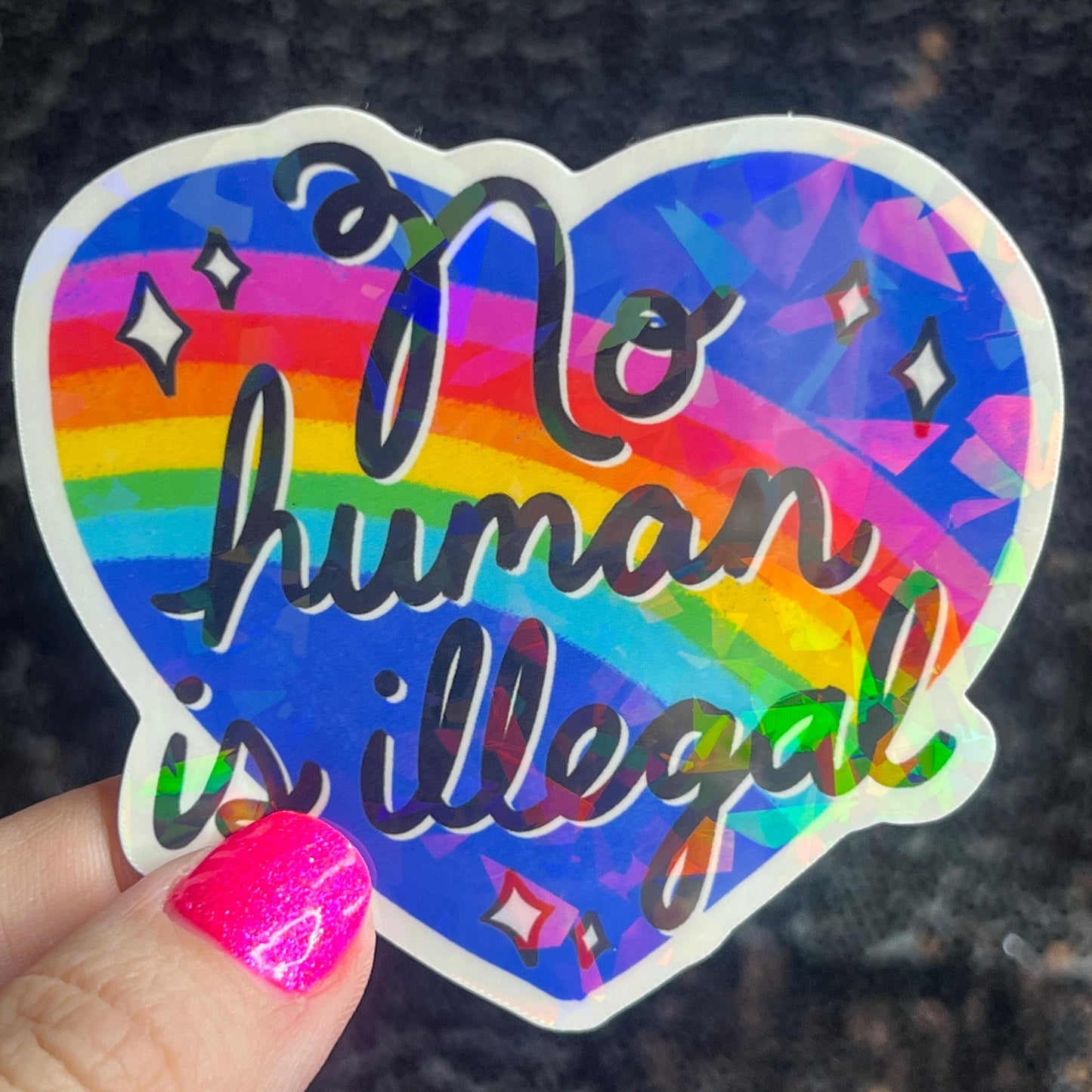 No Human Is Illegal Holographic Sticker Hands Offf Protest Anti Trump JD Vance Pro Choice Feminist Sticker Liberal Democrat Decal Minimalist