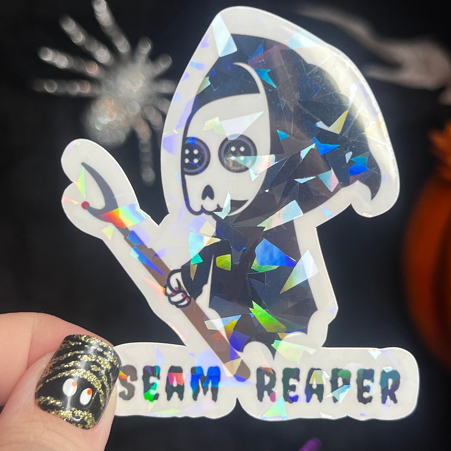 Seam Ripper Reaper holographic sticker thimble quilting sticker quilter Halloween decal sewing machine sticker sparkly cross stitch sticker