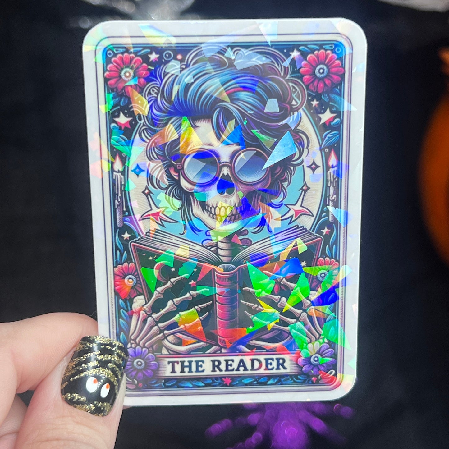 The Reader Tarot Card Sticker Holographic Book Lover Sparkly Decal, Spicy Dark Romance, kindle waterbottle laptop