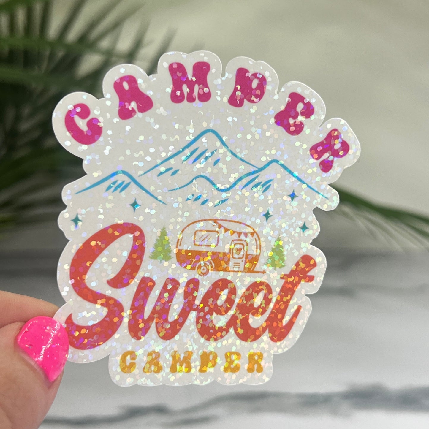 Discontinuing Camper Sweet Camper Camping Holographic Sparkly Sticker Adventure RV Outdoor Decal Nature Sticker Travel Hiking Backpacking