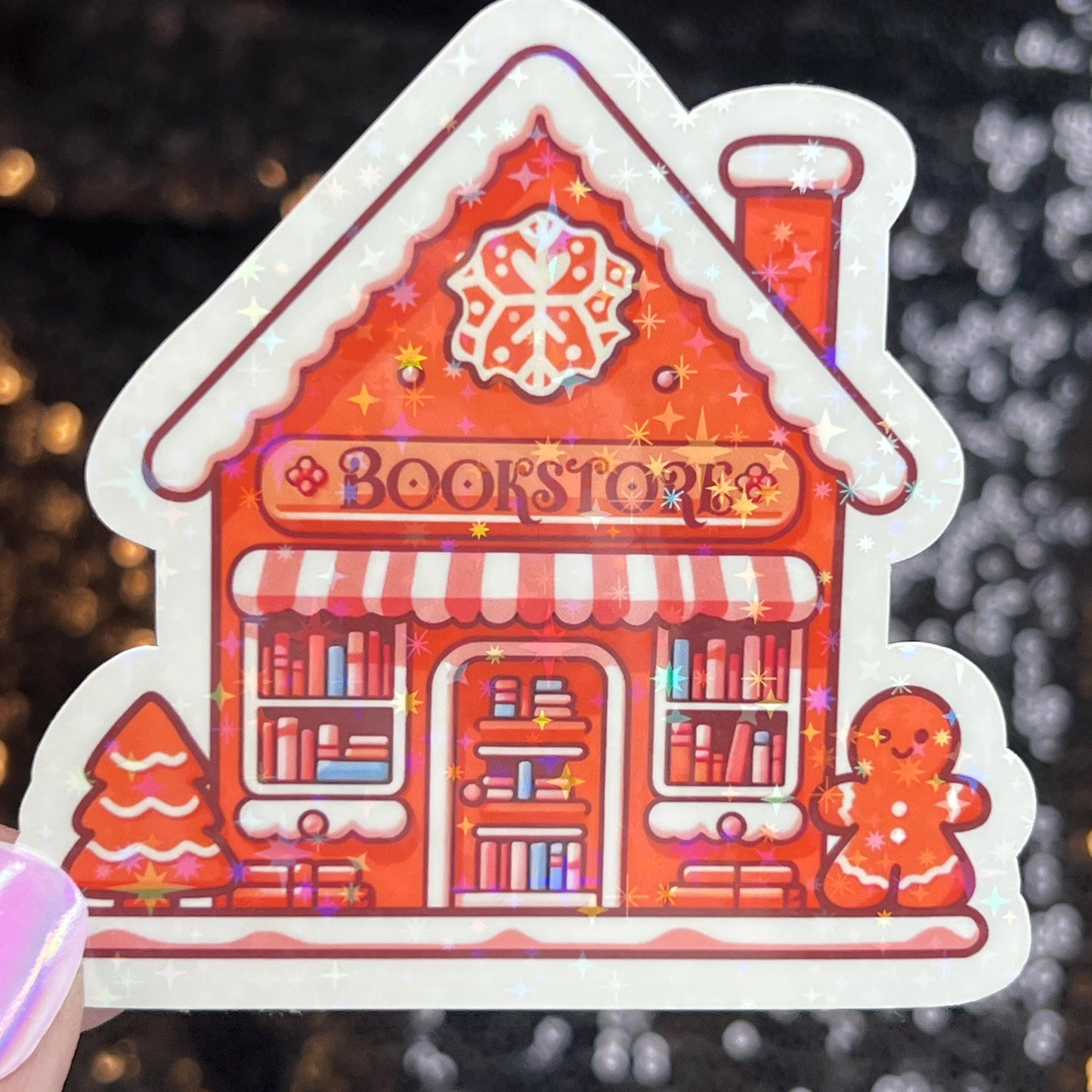 Gingerbread Bookshop Christmas Holographic Sticker Xmas Bookish Kindle Reader Decal Book Lover Christmas Gift Stocking Stuffer