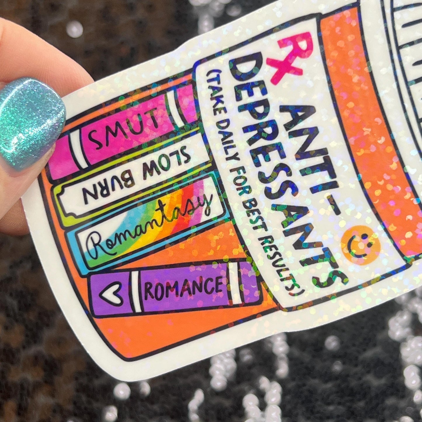 Reading Antidepressant Sparkly Sticker Holographic Book Book Lover, Spicy Dark Romance, Booktok, kindle waterbottle laptop Romance Decal