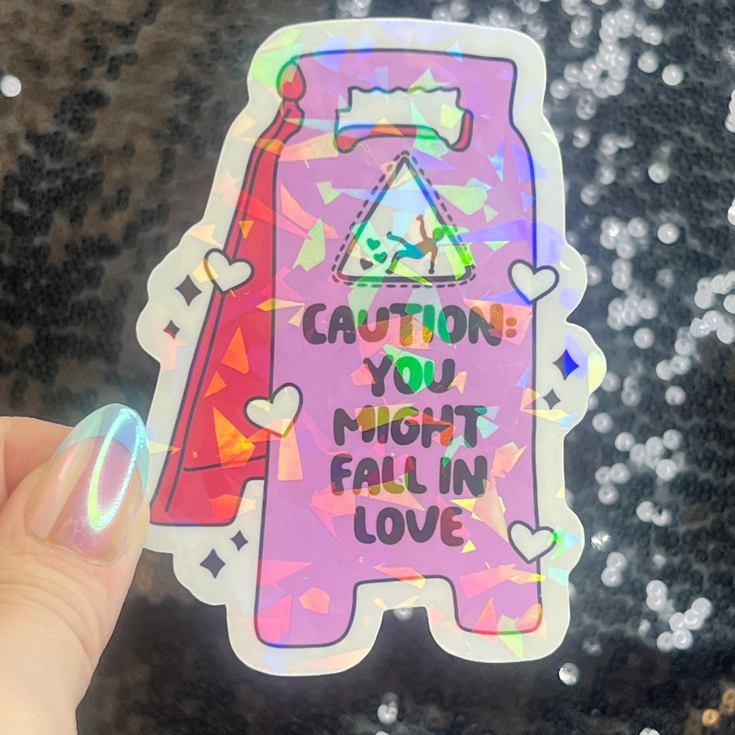Caution: You Might Fall in Love Valentines Day Sticker Funny Holographic Vday Sticker,  Decal Boyfriend Girlfriend Husband Wife  present
