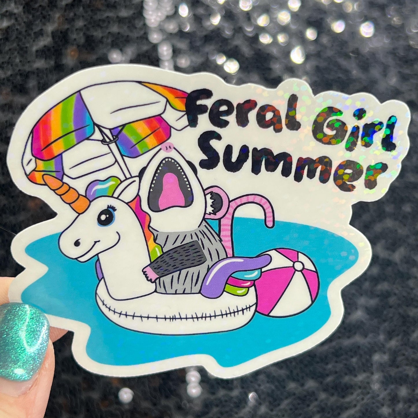 Feral Girl Summer Holographic Sparkly Sticker Beach Life Decal Boating Sticker Summer Vacation Ocean Life Sticker Possum Swimming