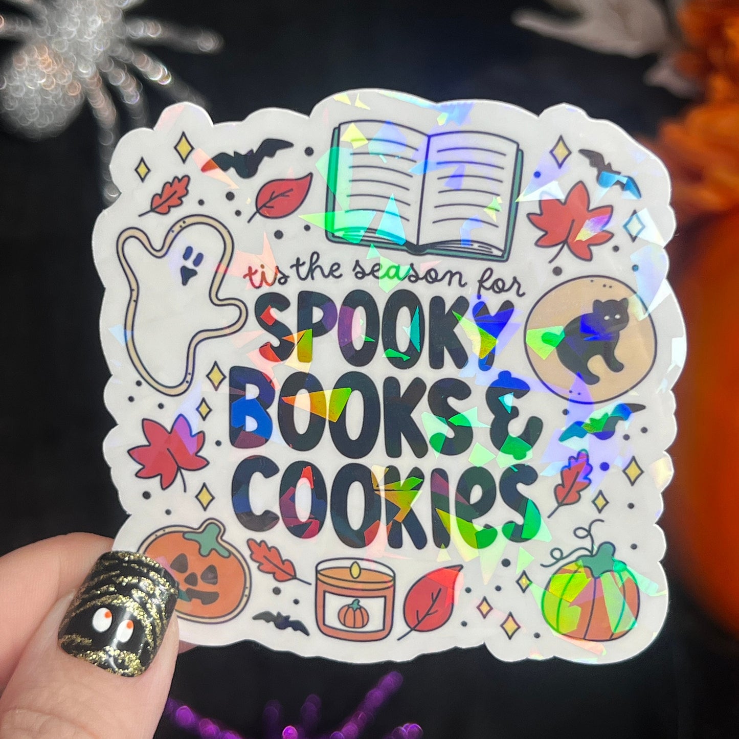 Tis the Season of Spooky Books & Cookies Halloween Holographic Sticker Halloween Kindle Decal Spooky Fall Reader Gift Bookish Decal
