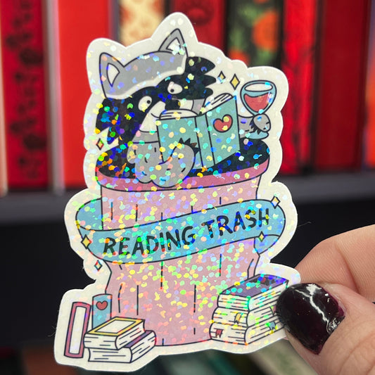 Reading Trash Raccoon Holographic Sticker, Spicy Dark Romance, Booktok, kindle waterbottle laptop stickers Smut decal Funny Reader Bookish c