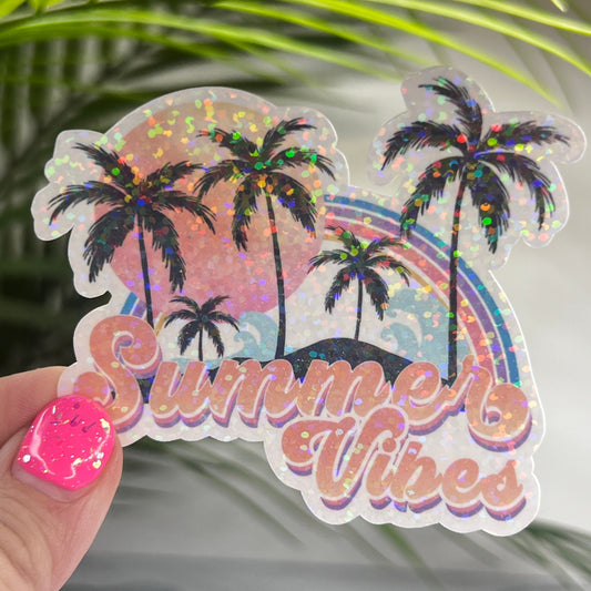 Summer Vibes Palm Trees Rainbow Holographic Sparkly Sticker Beach Life Decal Boating Sticker Summer Vacation Ocean Life Sticker