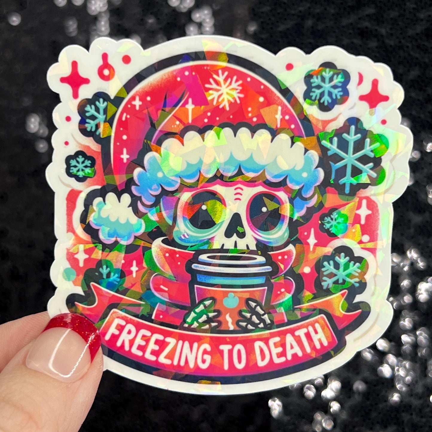 Freezing to Death Halloween Christmas  Sticker – Funny Holographic Holiday Sticker, 3-Inch Party Decal | Xmas Gift & Stocking Stuffer