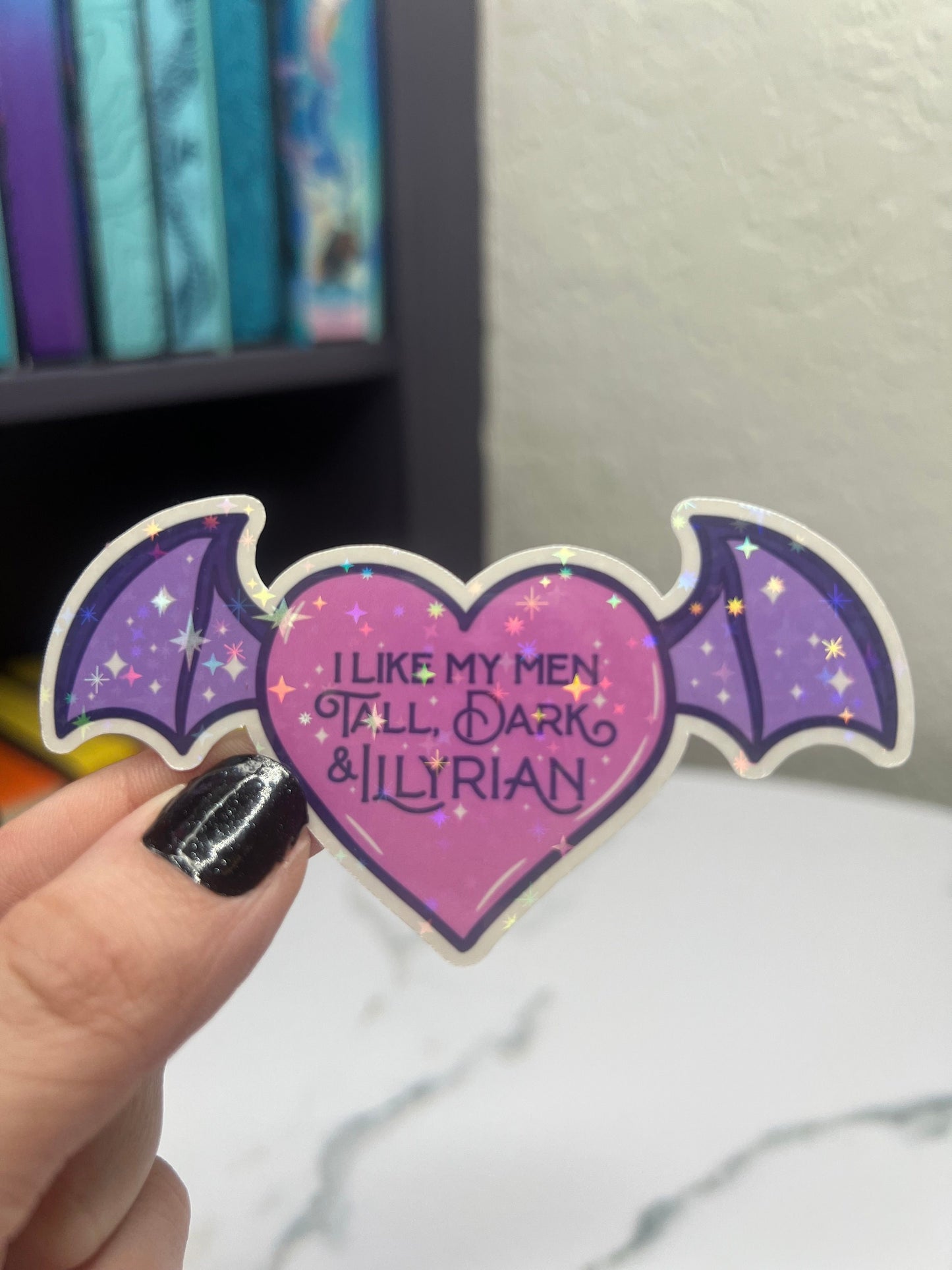 ACOTAR Inspired Sticker - 'I Like My Men Tall, Dark & Illyrian' in Pink Heart with Purple Wings, Holographic Fantasy Decal Kindle Sticker
