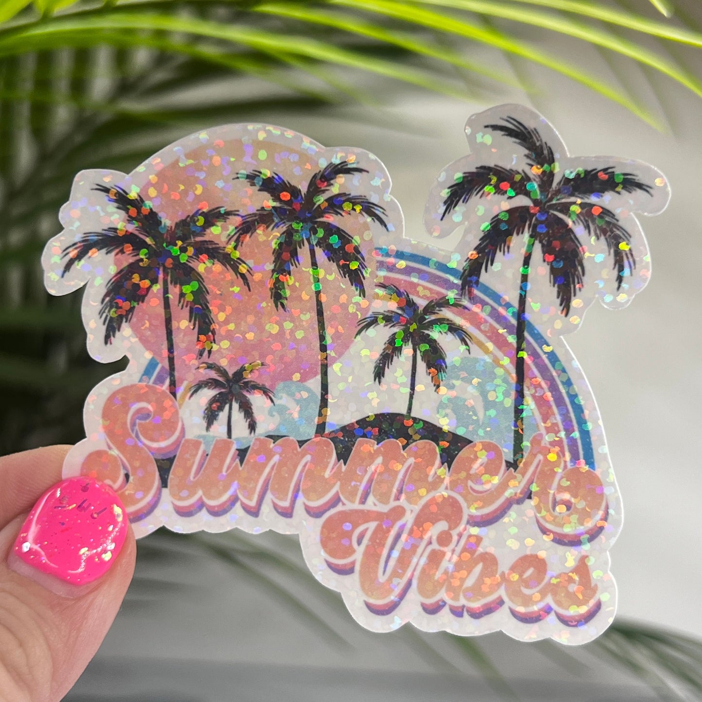 Summer Vibes Palm Trees Rainbow Holographic Sparkly Sticker Beach Life Decal Boating Sticker Summer Vacation Ocean Life Sticker