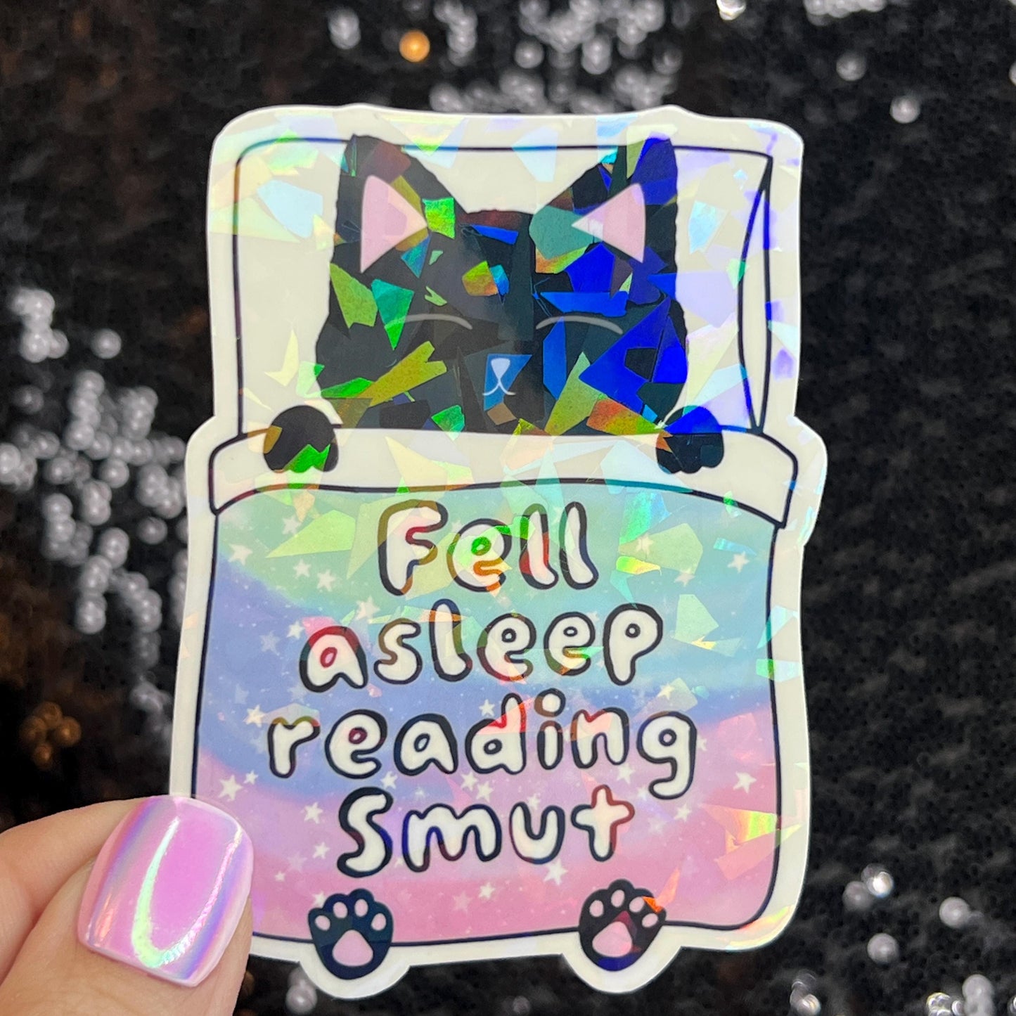 Fell Asleep Reading Smut Sparkly Sticker Holographic Book Book Lover, Spicy Dark Romance, Booktok, kindle waterbottle laptop Romance Decal
