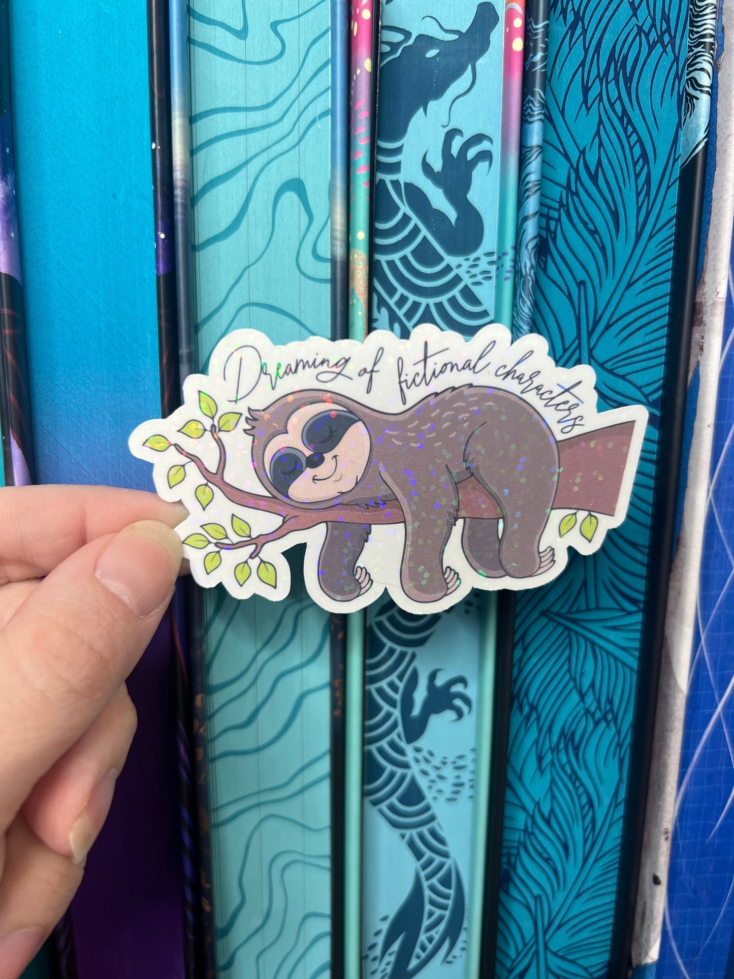 Dreaming of Fictional Characters Holographic Sticker sloth romance book lover decal reader kindle Waterbottle bookish book boyfriend booktok