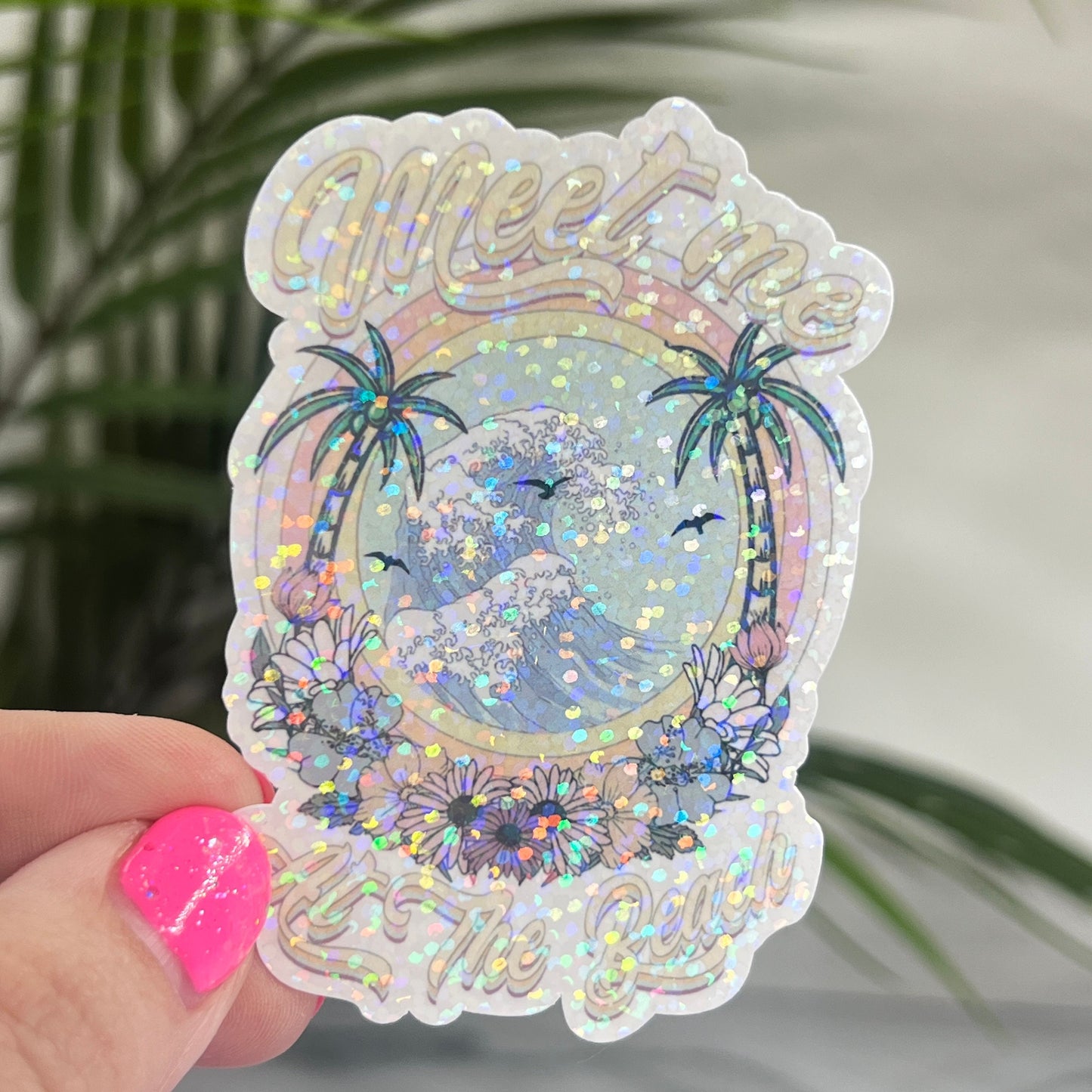 Meet Me At The Beach Holographic Sparkly Sticker Beach Life Decal Boating Sticker Summer Vacation Ocean Life Sticker