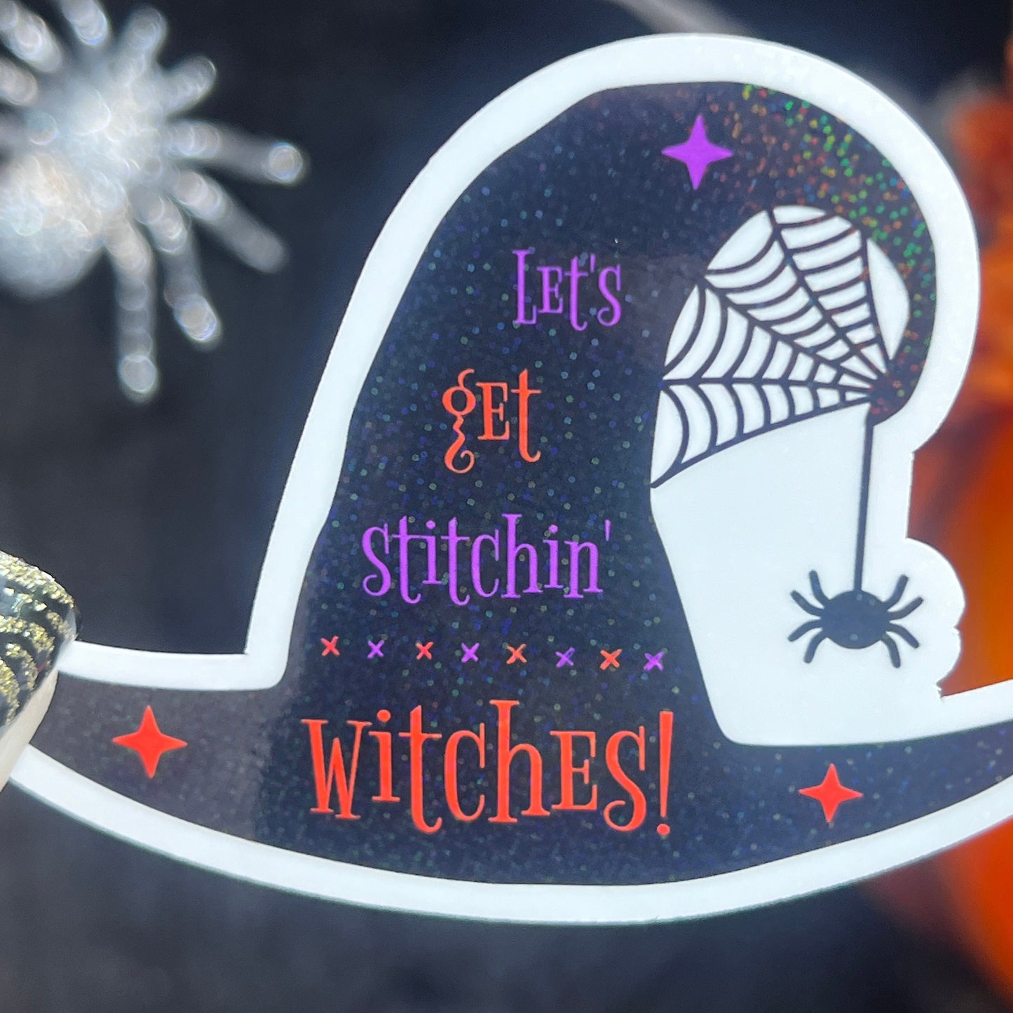 Let's Get Stitchin Witches holographic sticker thimble quilting sticker quilter Halloween decal sewing machine sticker cross stitch sticker