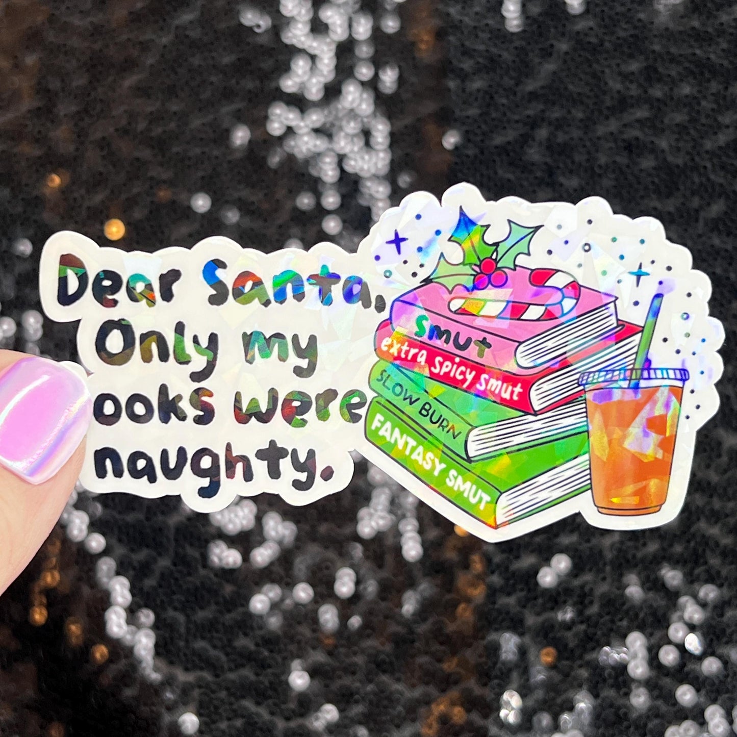 Dear Santa Only My Books Were Naughty Christmas Holographic Sticker Xmas Bookish Kindle Reader Decal Book Lover Christmas Gift Stocking