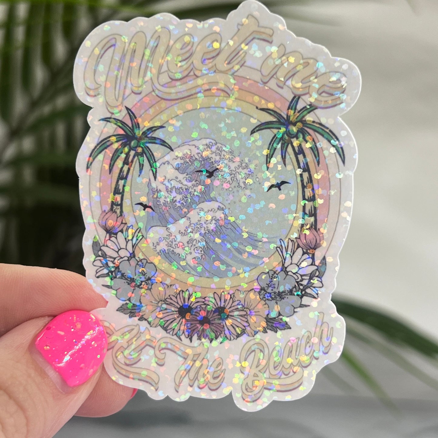 Meet Me At The Beach Holographic Sparkly Sticker Beach Life Decal Boating Sticker Summer Vacation Ocean Life Sticker