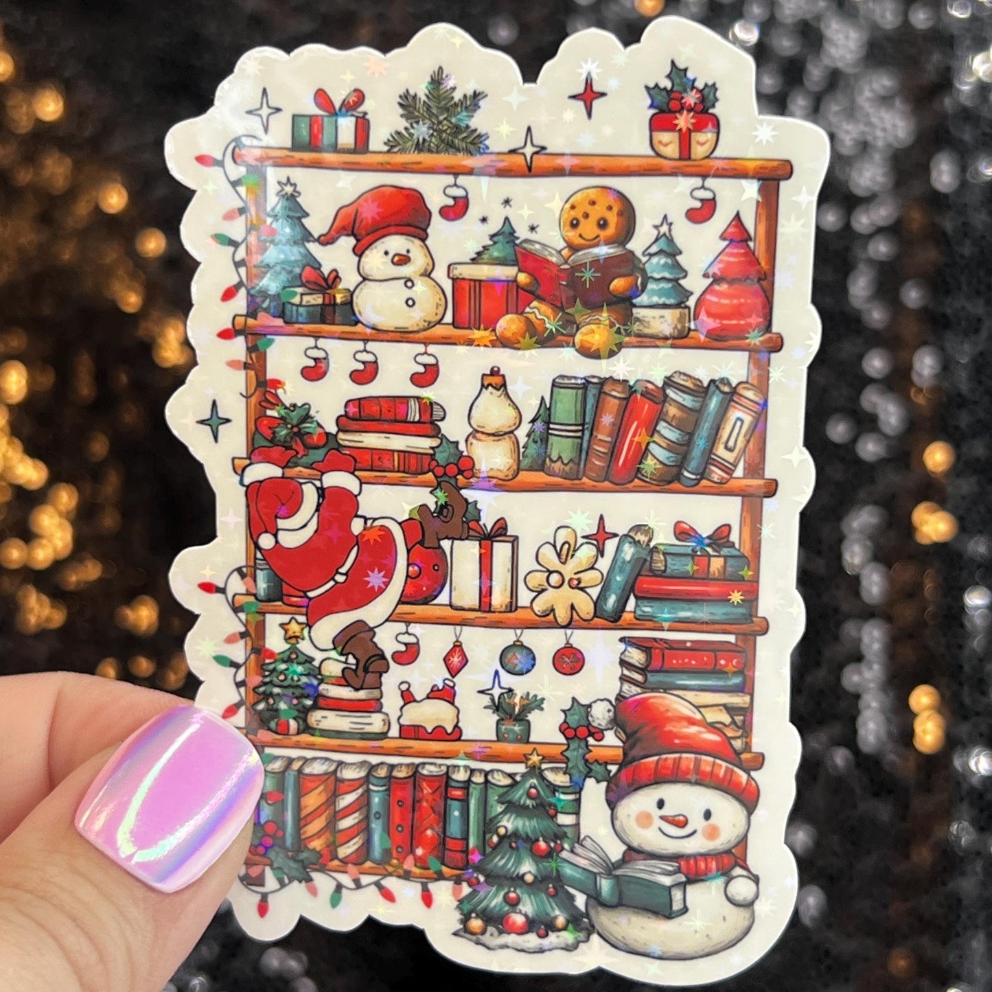 Christmas Bookshelf Santa Snowmen Holographic Sticker, Xmas Bookish Kindle Sticker Reader Decal Book Lover Christmas Gift Book Club