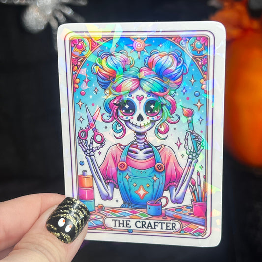 The Crafter Tarot Card Sticker Holographic Crafty Sparkly Decal, Knitting Crochet Cross Stitch Sewing Quilting kindle waterbottle laptop