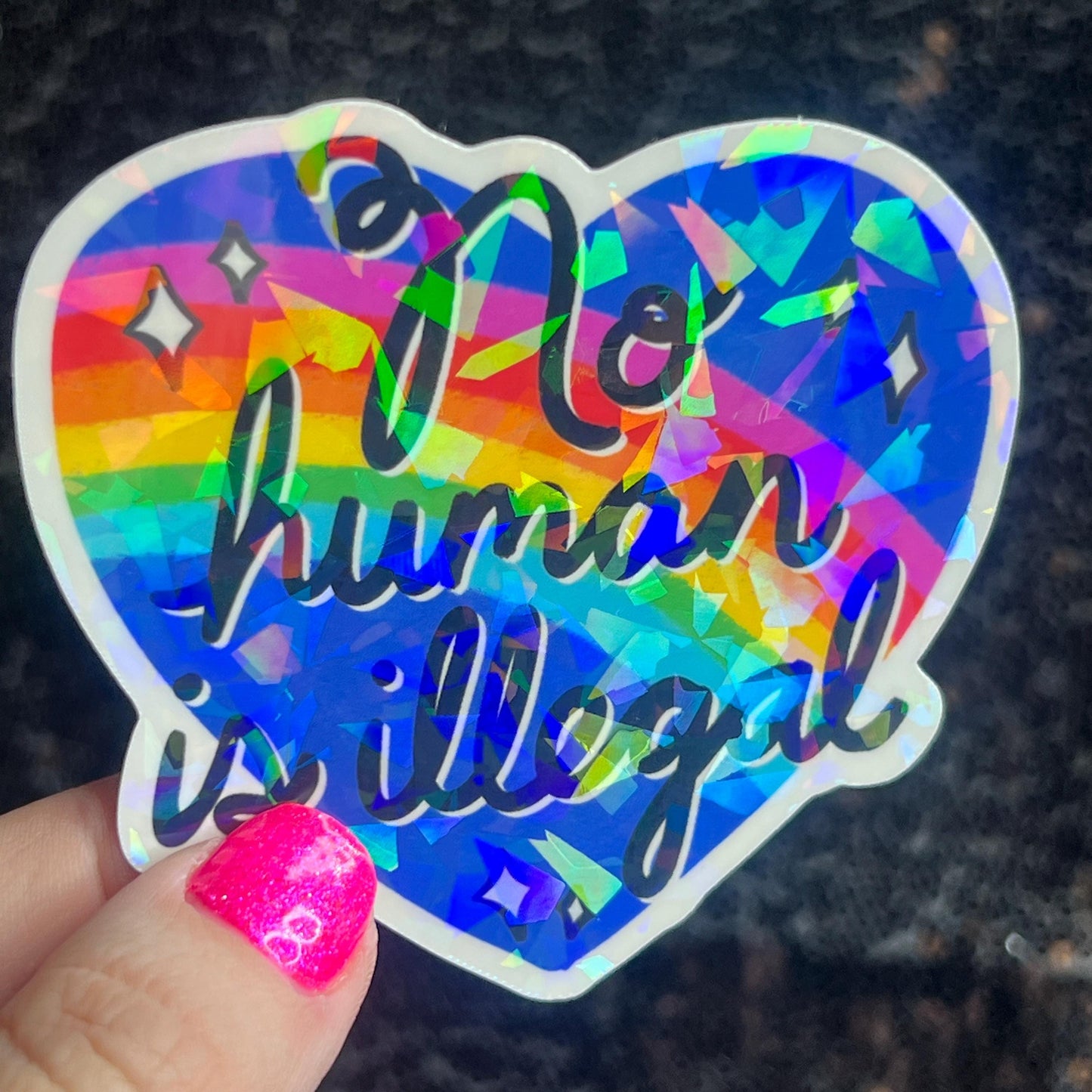 No Human Is Illegal Holographic Sticker Hands Offf Protest Anti Trump JD Vance Pro Choice Feminist Sticker Liberal Democrat Decal Minimalist