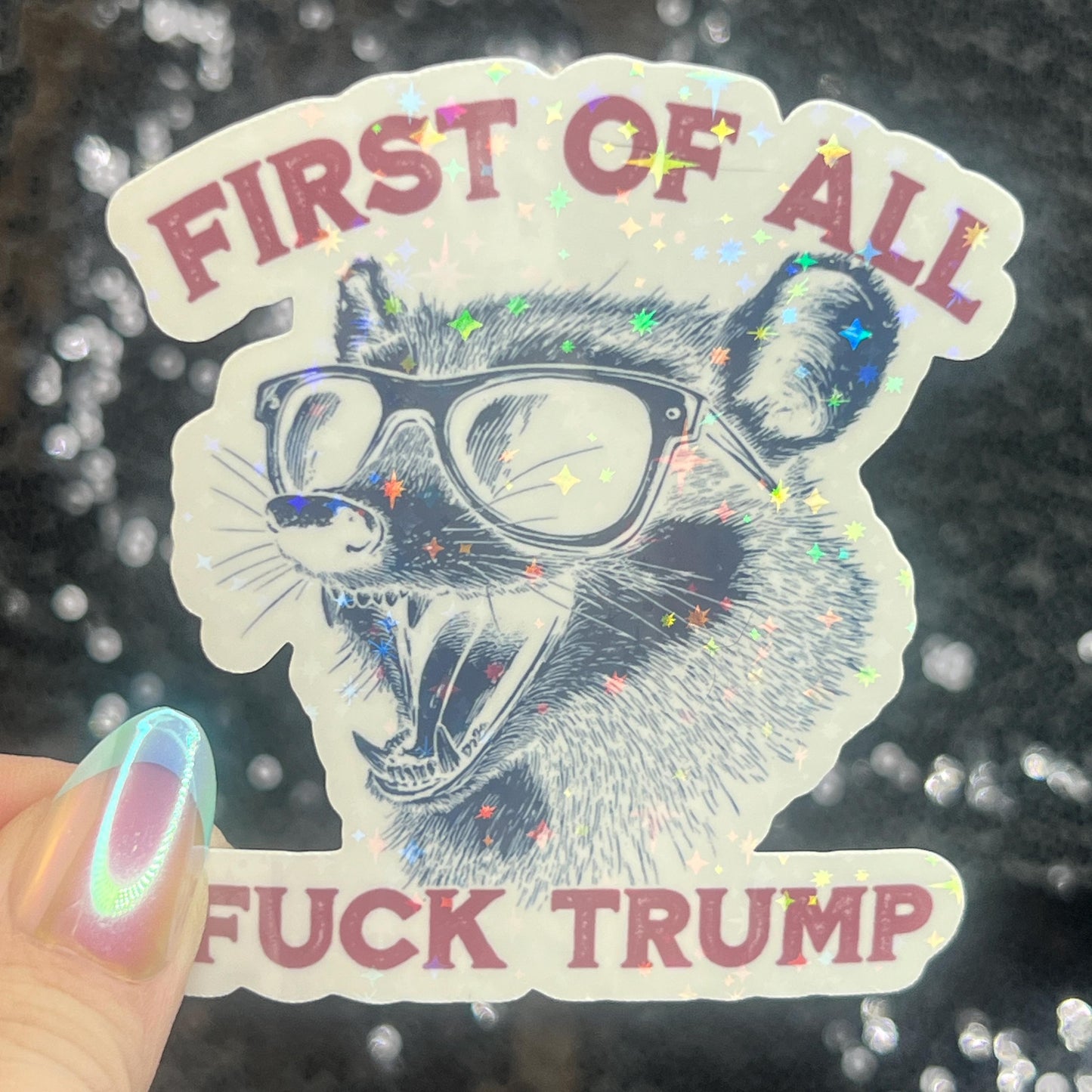 First of All F Trump Possum Sparkly Holographic Sticker F Trump Decal Democrat Liberal Feminist Sticker Human Rights Oligarchy Sticker