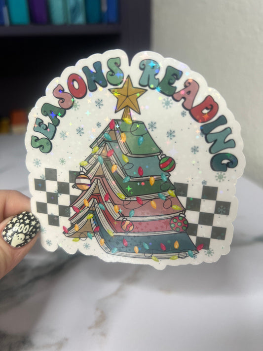 Christmas Seasons Greetings Holographic Sticker, Xmas Bookish Kindle Sticker Reader Decal Book Lover Christmas Gift Book Club Gift