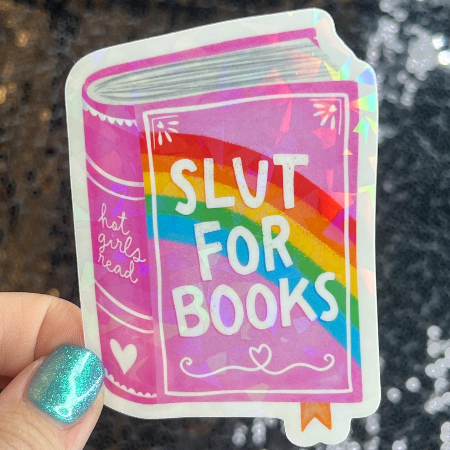 Slut for Book pink Sparkly Sticker Holographic Book Book Lover, Spicy Dark Romance, Booktok, kindle  laptop Romance Decal