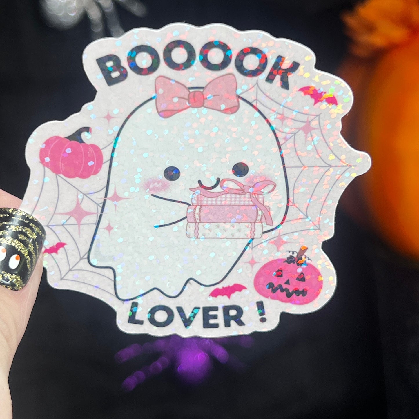 Pink Booook Lover Ghost Halloween Holographic Sticker Halloween Kindle Decal Spooky Fall Reader Gift Bookish Decal