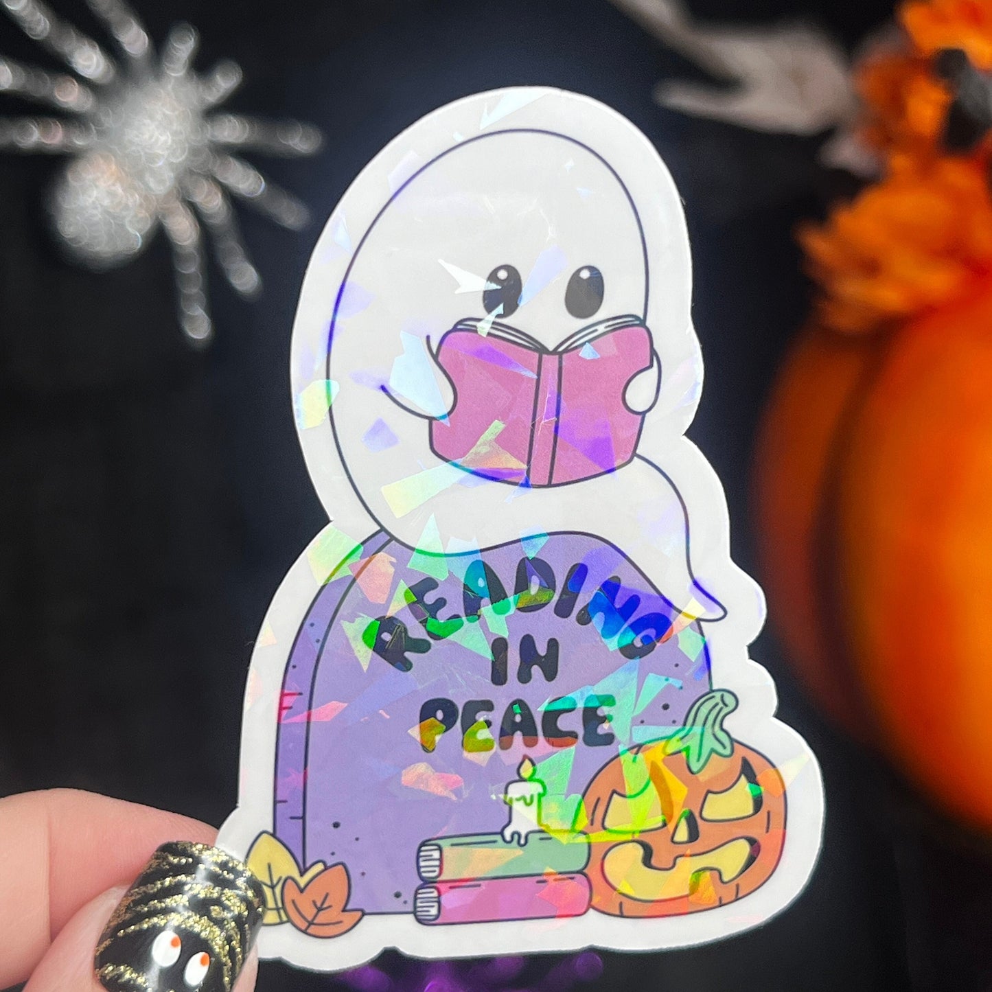 Reading in Peace Ghost Halloween Bookshelf Holographic Sticker Halloween Kindle Decal Spooky Fall Reader Gift Bookish Decal