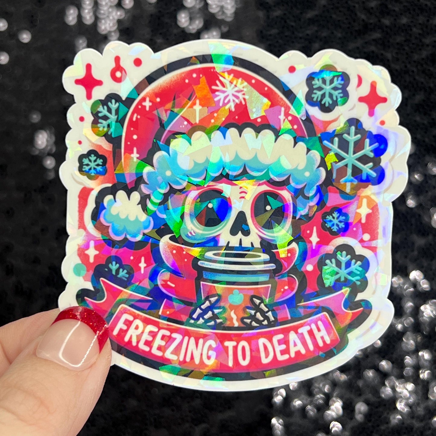 Freezing to Death Halloween Christmas  Sticker – Funny Holographic Holiday Sticker, 3-Inch Party Decal | Xmas Gift & Stocking Stuffer