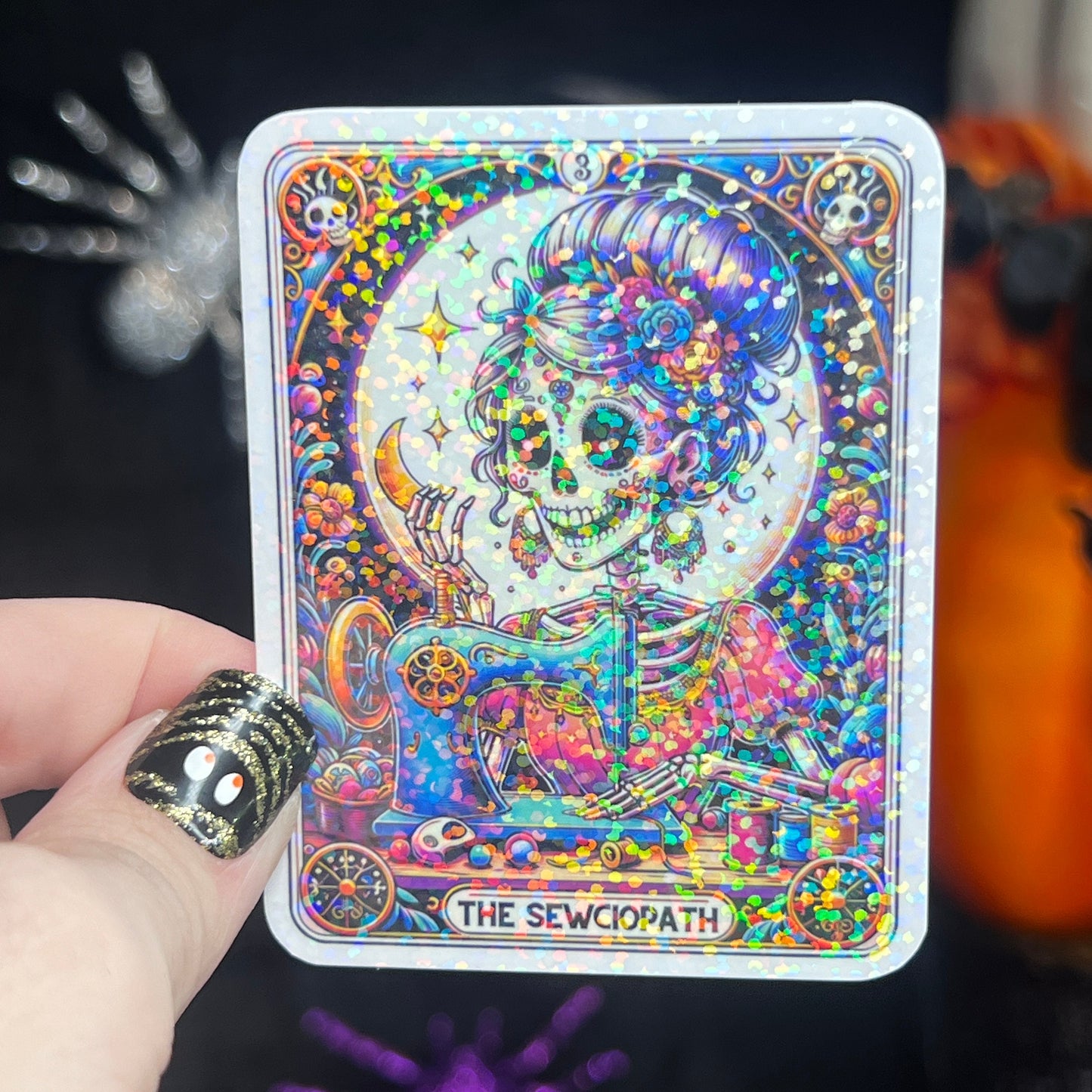 The Sewciopath skeleton holographic sticker thimble quilting sticker quilter Halloween decal sewing machine sticker cross stitch sticker